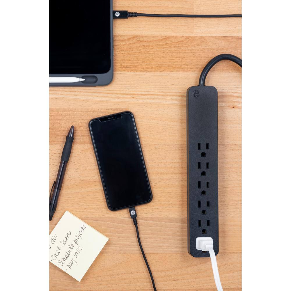 Black 6-Outlet Surge Protector with 2' PVC Cord