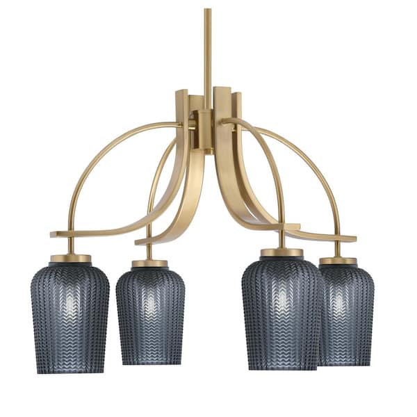 Unbranded Olympia 16.75 in. 4-Light New Age Brass Downlight Chandelier Smoke Textured Glass Shade