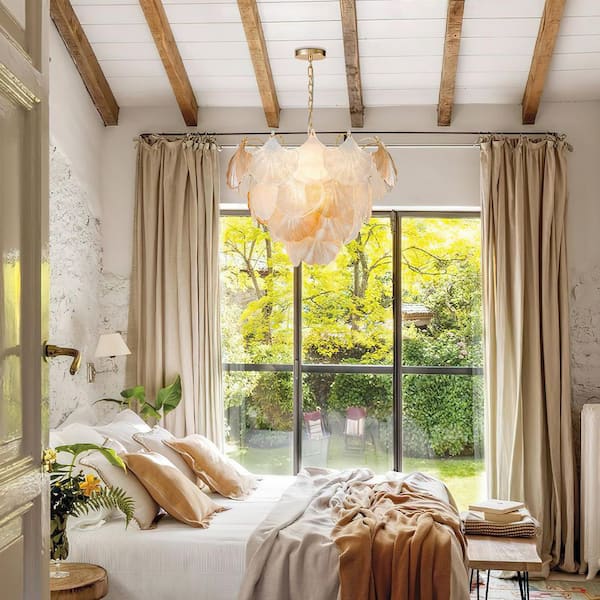 Jamie 10-light Gold Ginkgo Leaf Tiered Chandelier Mid-century Pendant Light Fixture for Living Room with Glass Shade