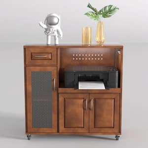 OS02 Walnut 35in. H Printer Storage Cabinet with Outlet and Casters