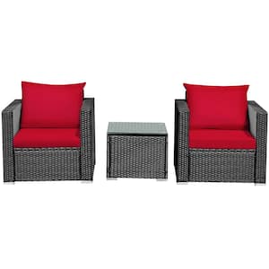 3-Piece Rattan Outdoor Patio Conversation Furniture Set with Red Cushions