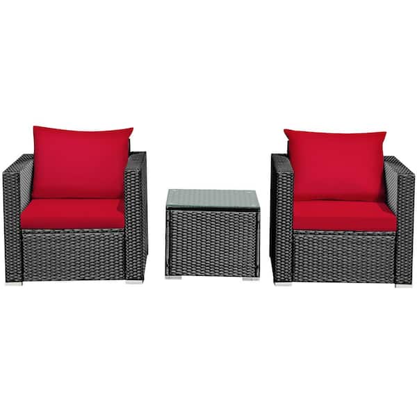 Gymax 3-Piece Rattan Outdoor Patio Conversation Furniture Set with Red Cushions