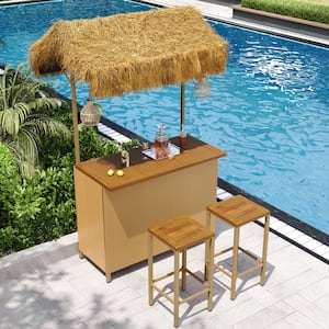 Hawaiian-Style 3-Piece Natural Wicker and Acacia Wood Outdoor Serving Bar Set with PE Grass Canopy and Stools