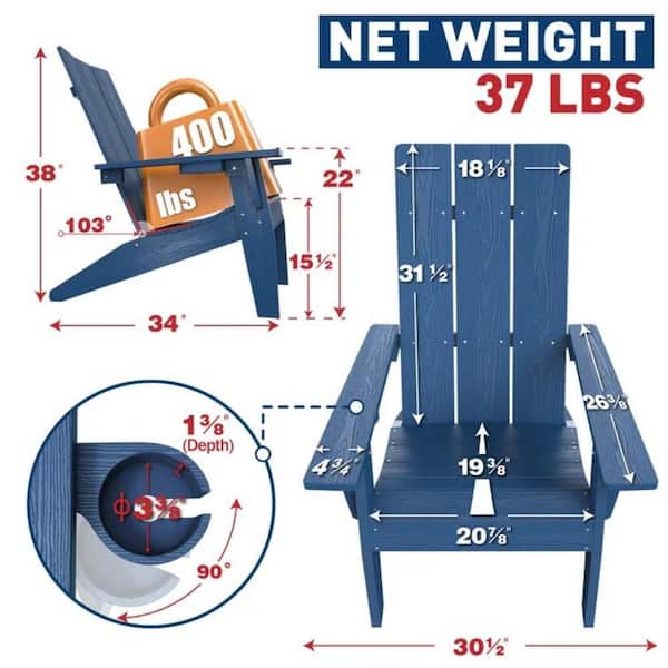 Navy Blue Weather Resistant Plastic Outdoor Patio Adirondack Chair with Cup Holder (set of 2)