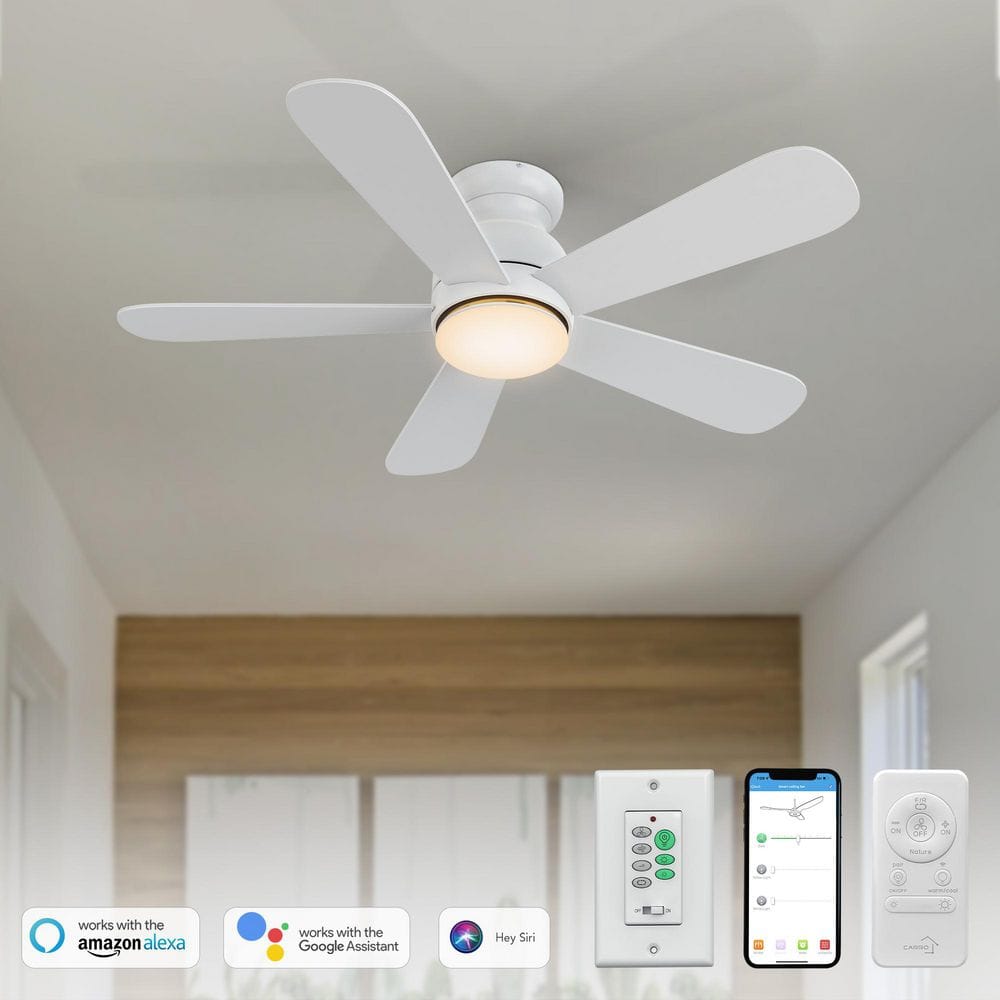 48 in. Smart Indoor/Outdoor White Flush Mount LED Standard Ceiling Fan with Remote Control, Wall Control and DC Motor