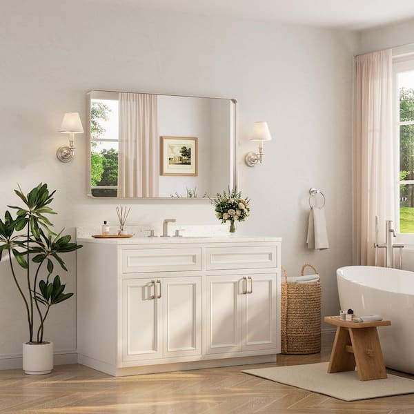 48 in. W x 30 in. H Modern Rectangular Brushed Nickel Bathroom Mirror Aluminum Framed Wall Bathroom Vanity Mirror