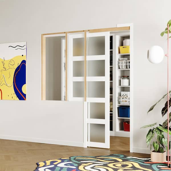 32 in. x 80 in. 5 Panel Frosted Glass, Can Be Painted, White MDF Wood Pocket Door Frame with All Hardware