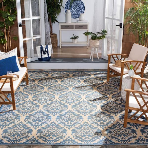 Beach House Cream/Blue 9 ft. x 12 ft. Medallion Indoor/Outdoor Patio  Area Rug