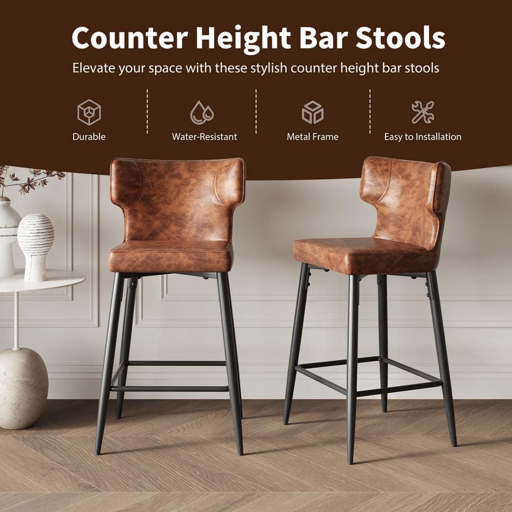 Norsans 28" Brown Faux Leather Iron Frame Counter Stool with Footrest