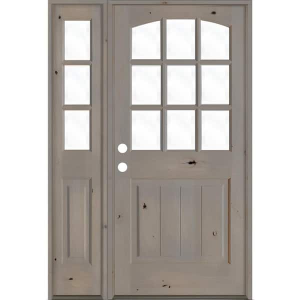 Krosswood Doors 46 in. x 80 in. Knotty Alder Right-Hand/Inswing 9-Lite Clear Glass Grey Stain Wood Prehung Front Door with Left Sidelite