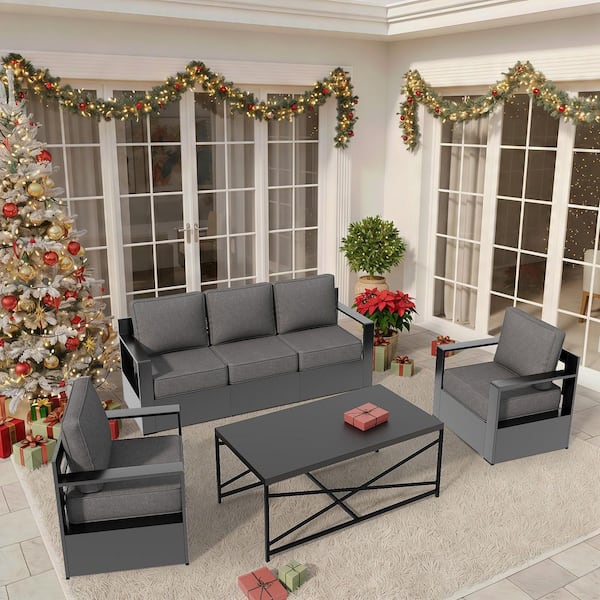 4-Piece Aluminum Armrest Patio Conversation Set with Lounge Chair, Coffee Table and 6 in. Gray Cushions