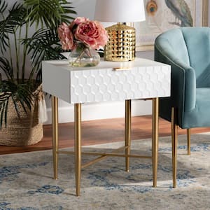 Marcin 1-Drawer White and Gold Nightstand (24 in. H x 20.1 in. W x 15.7 in. D)