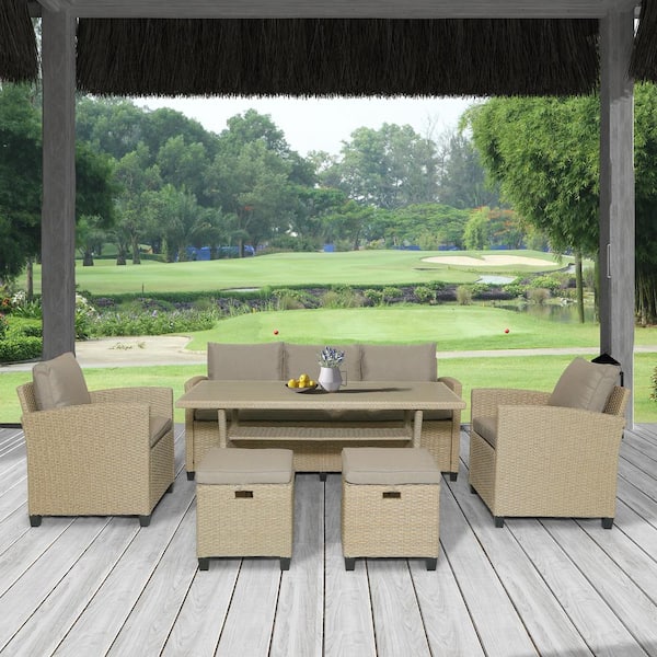 Cesicia Brown 6-Piece Rattan Patio Conversation Set with Brown Cushions