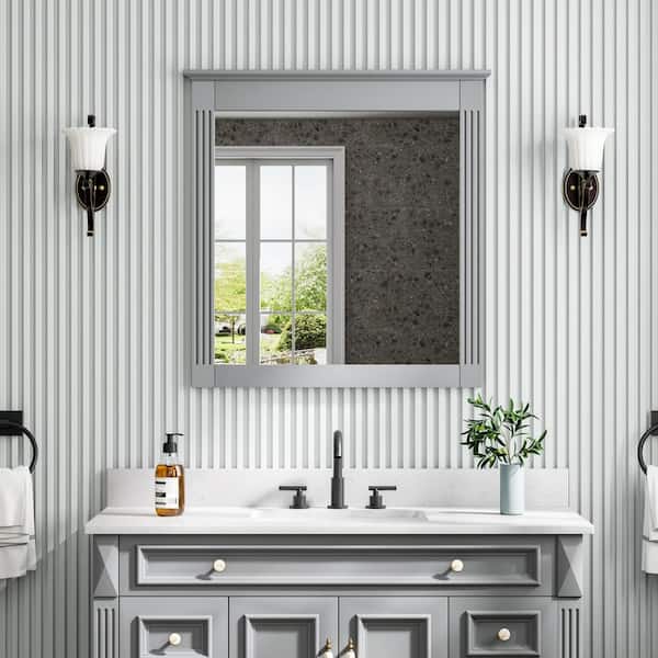 32 in. W x 33 in. H Rectangular Solid Wood Framed Wall Mounted Moisture-proof Bathroom Vanity Mirror in Gray,Easy Hang