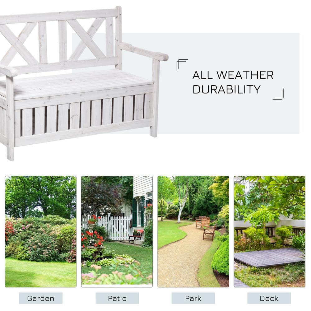 White Painted Fir Wood Outdoor Storage Bench with High Back
