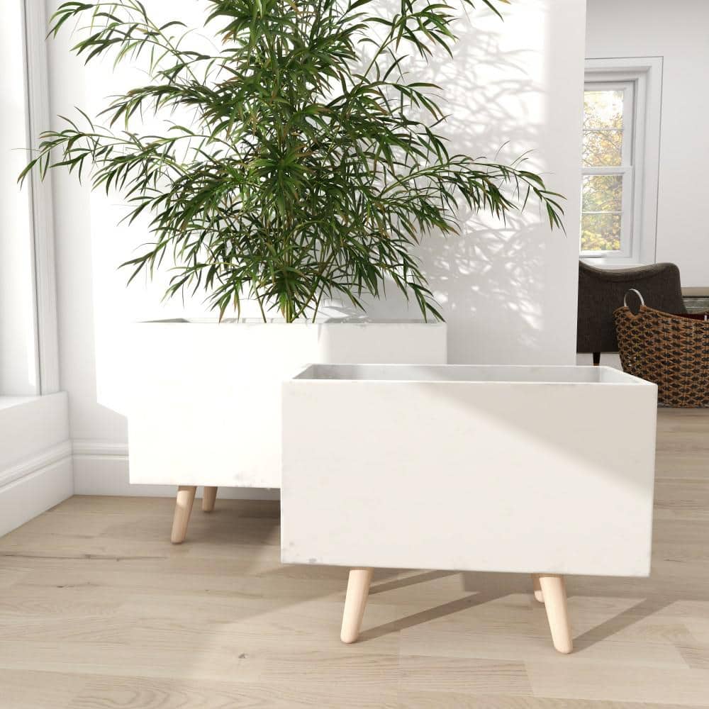 White Fiber Clay Rectangular Planters with Wood Legs, Set of 2