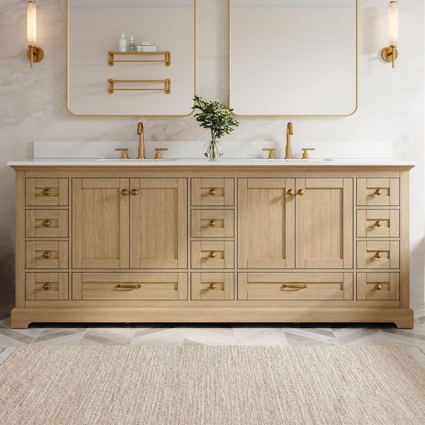 84 in. Solid Wood Freestanding Double Sink Oak Bath Vanity with White Cultured Marble Top, Soft-close Door and Drawer