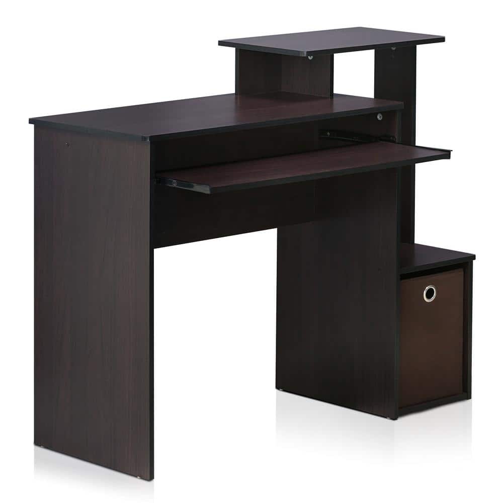 Dark Walnut Compact Computer Desk with Drawer and Keyboard Tray