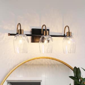 21.5 in. 3-Light Brass Gold Bathroom Vanity Light, Hammer Glass Black Bath Bar Vanity Light, Modern Indoor Wall Sconce