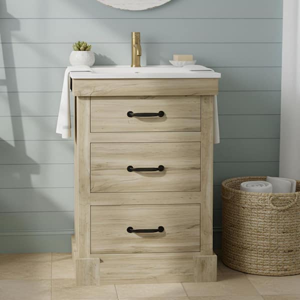 Donovan 24.02 in. Single Sink Freestanding Light Oak Bath Vanity with White Ceramic Integrated Square Top