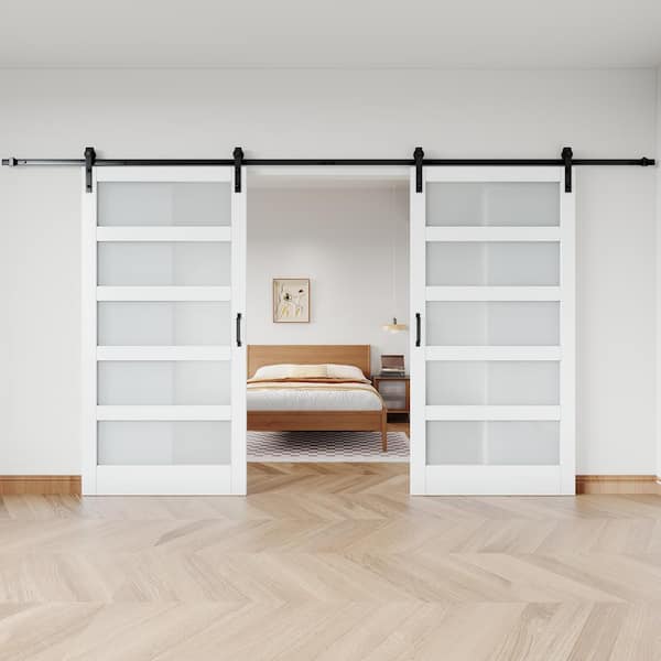 84 in. x 84 in. 5 Lite Tempered Frosted Glass White Primed MDF Wood Sliding Barn Door with Hardware Kit and Soft Close