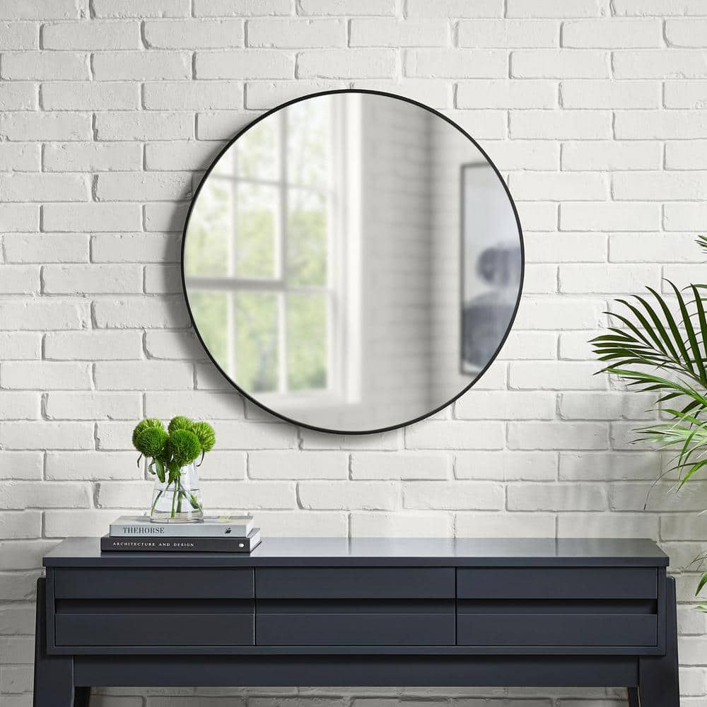 StyleWell 28 in. W x 28 in. H Large Round Framed Wall Mirror in Black ...