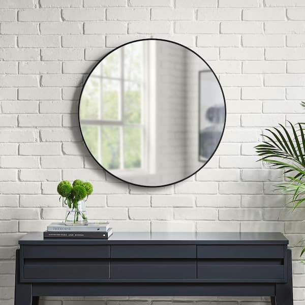 StyleWell 28 in. W x 28 in. H Large Round Framed Wall Mirror in Black