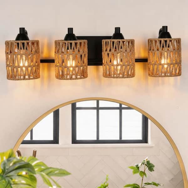 Boho 26 in. 4-Light Matte Black Vanity Light with Rattan Shade