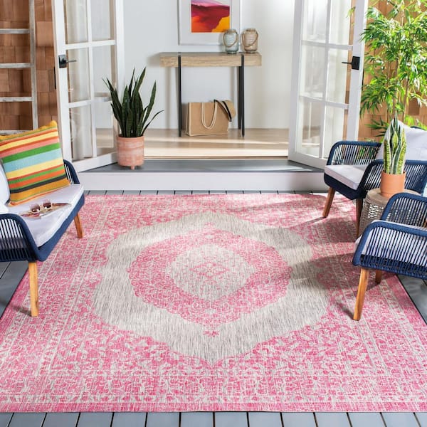 Courtyard Light Gray/Fuchsia 7 ft. x 7 ft. Square Border Indoor/Outdoor Patio  Area Rug