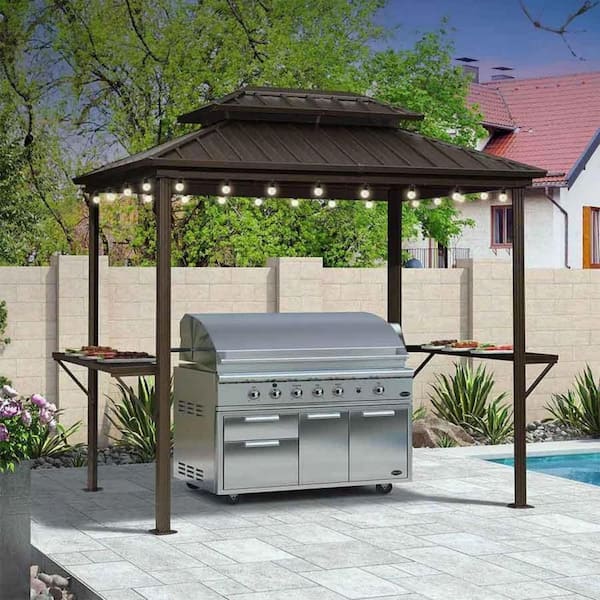 6 ft. x 8 ft. Hardtop Grill Gazebo for Patio Aluminum Barbecue Shelter Gazebo, Hooks, Shelves Double Tiered 24-Lights