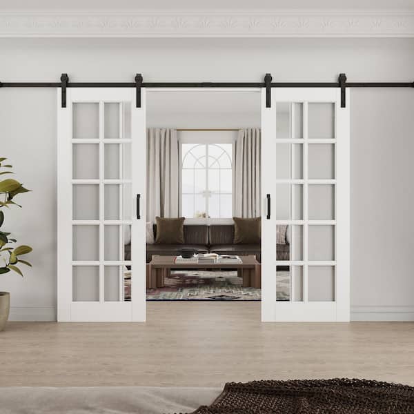 64 in. x 96 in. 10-Lite Tempered Clear Glass White Primed MDF No Assembly Required Sliding Barn Door with Hardware Kit