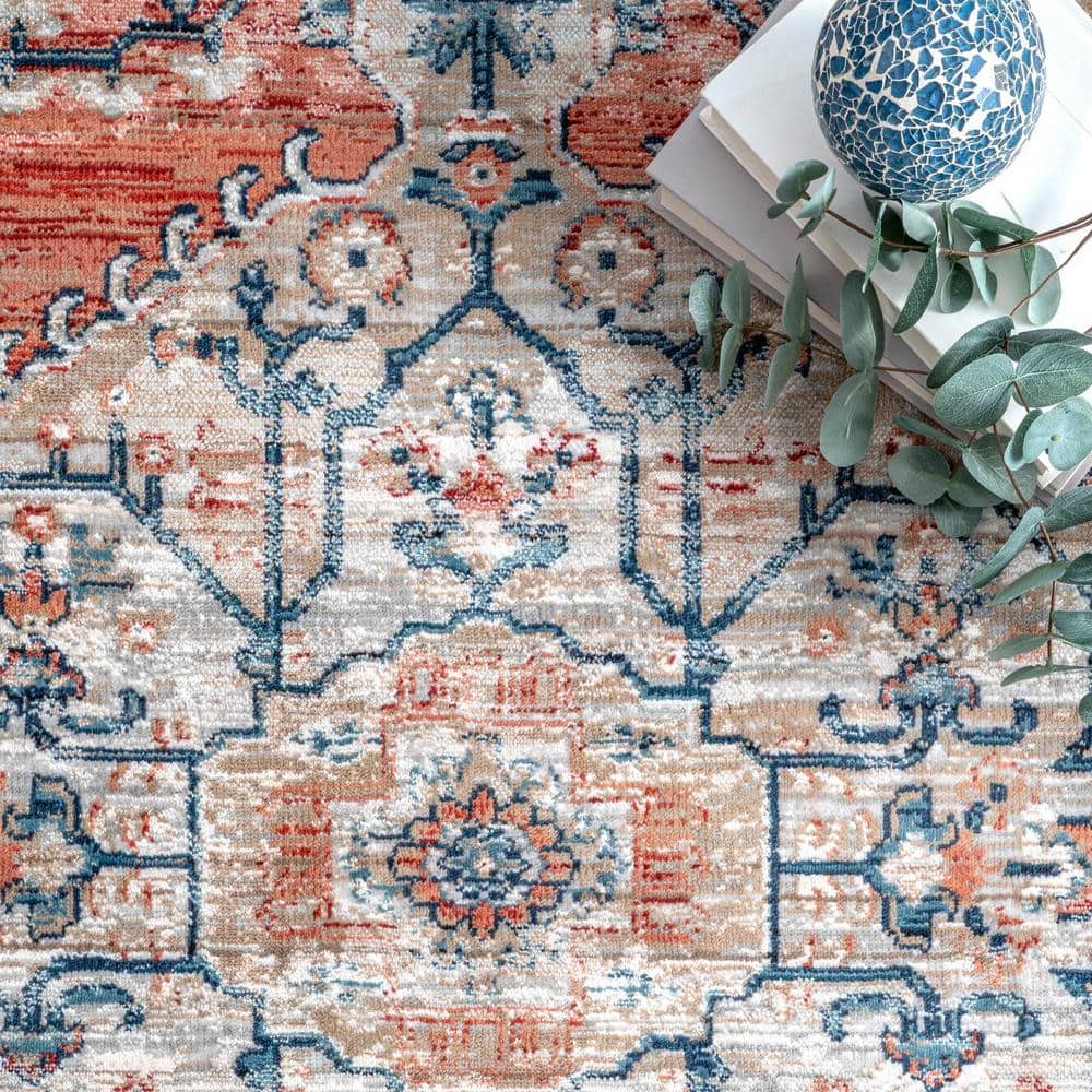 Vintage Red and Blue Medallion Synthetic Runner Rug