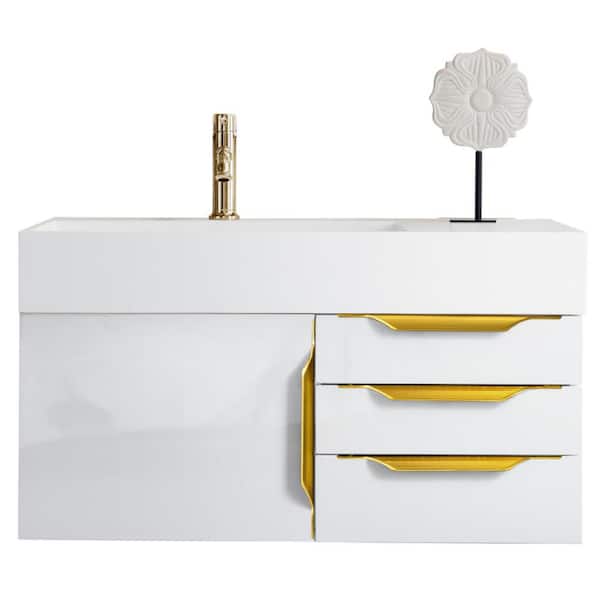 James Martin Vanities Mercer Island 35.5 in. W x 19 in. D x 19.5 in. H Single Bath Vanity in Glossy White with Glossy White Solid Surface Top