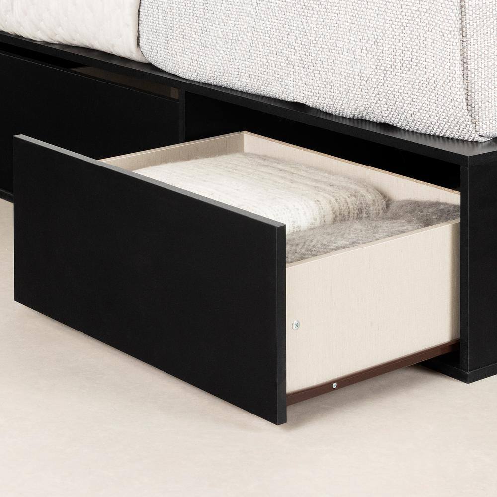 Queen Pure Black Wood Frame Upholstered Platform Bed with 6 Drawers