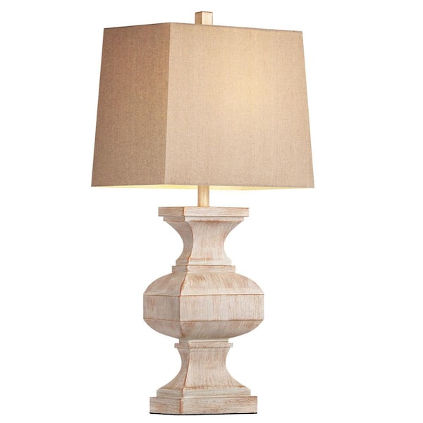 33 in. Large Beige Resin Table Lamp, Rustic Distressed End Lamp with Linen Shade LED Bulb for Living Room Bedroom