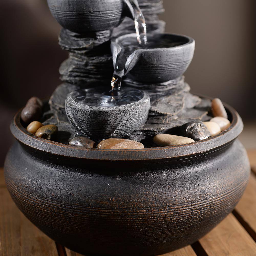 Stone Gray 4-Tier Tabletop Fountain with LED Lights