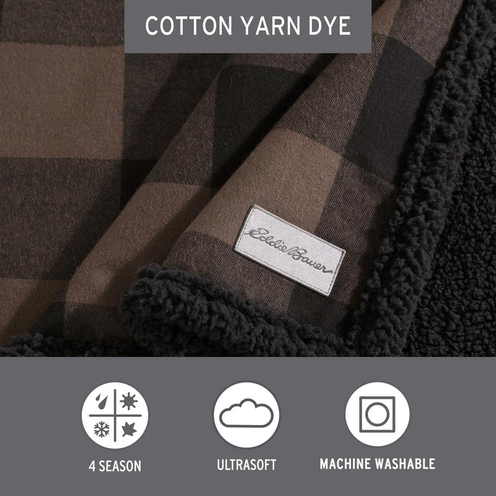 Brown Plaid Reversible Sherpa Cotton Throw Blanket