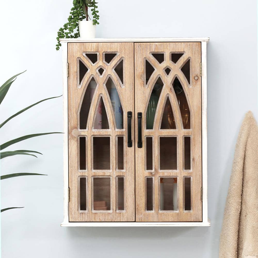 Farmhouse White and Natural Wood Cathedral-Style Wall Cabinet