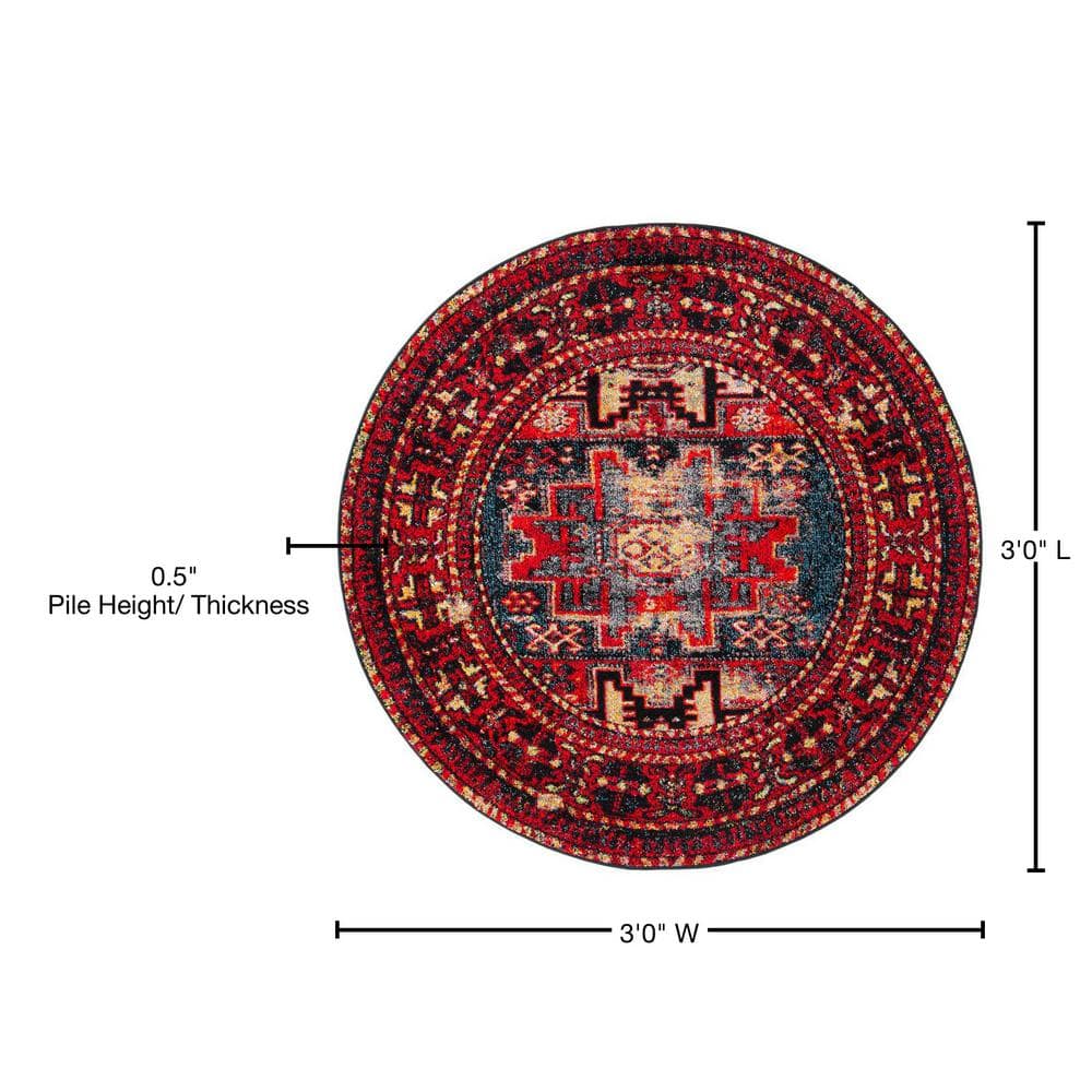 Vintage Red and Multi Round Synthetic Area Rug