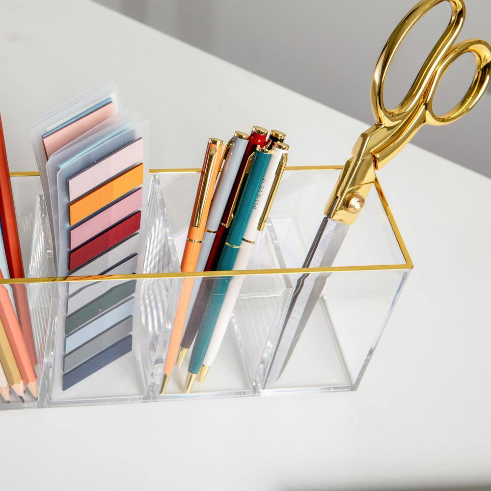 Clear Plastic 4 Compartment Pen Holder with Gold Trim