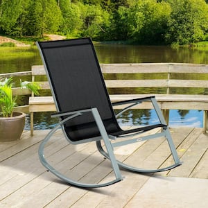 Modern Front Porch Sling Outdoor Patio Rocking Chair for Porch or Patio with Comfortable Mesh Black/Silver