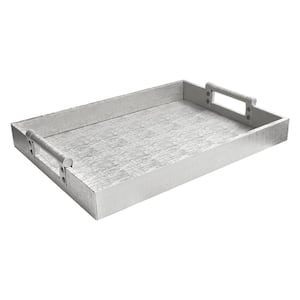 19 in. x 2 in. x 14 in. Silver Faux Leather and Wooden Rectangle Serving Tray with Handles