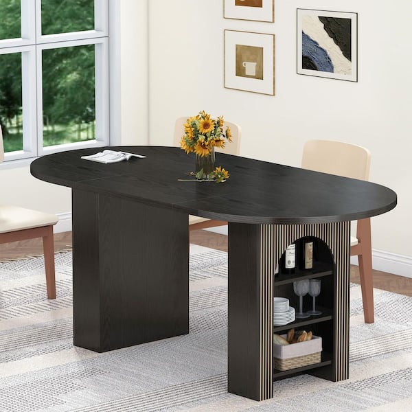 Oval Black Wood 70.86 in. L Double Pedestal Dining Table 6 seats