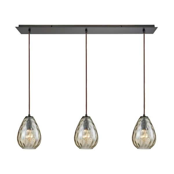 Titan Lighting Lagoon 3-Light Linear Pan in Oil Rubbed Bronze with Champagne Plated Water Glass Pendant