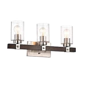 Szeto 3-Light Brushed Nickel and Wood Finish Modern Farmhouse Vanity with Seedy Glass Sconces