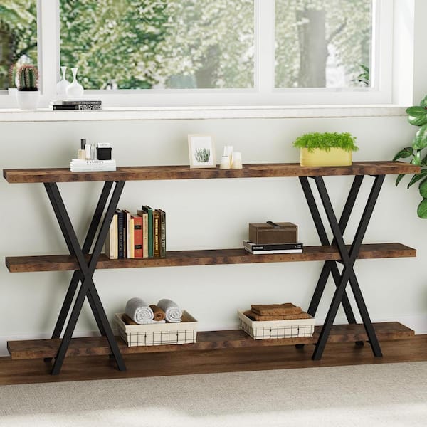 TRIBESIGNS WAY TO ORIGIN Benjamin 70.9 in. Rustic Brown Long Console Table  with 3-Storage Shelves HD-ZYCJ119 - The Home Depot