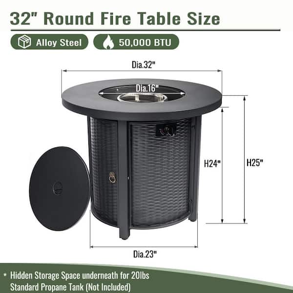 Black 32 in. Round Steel Fire Pit Table 40000BTU Propane Fire Pit