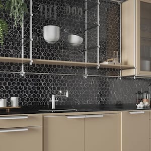 Hollow 2 in. Hex Black 12.375 in. x 10.75 in. Hexagon Gloss Glass Mosaic Wall Tile (18.47 sq. ft./Case)