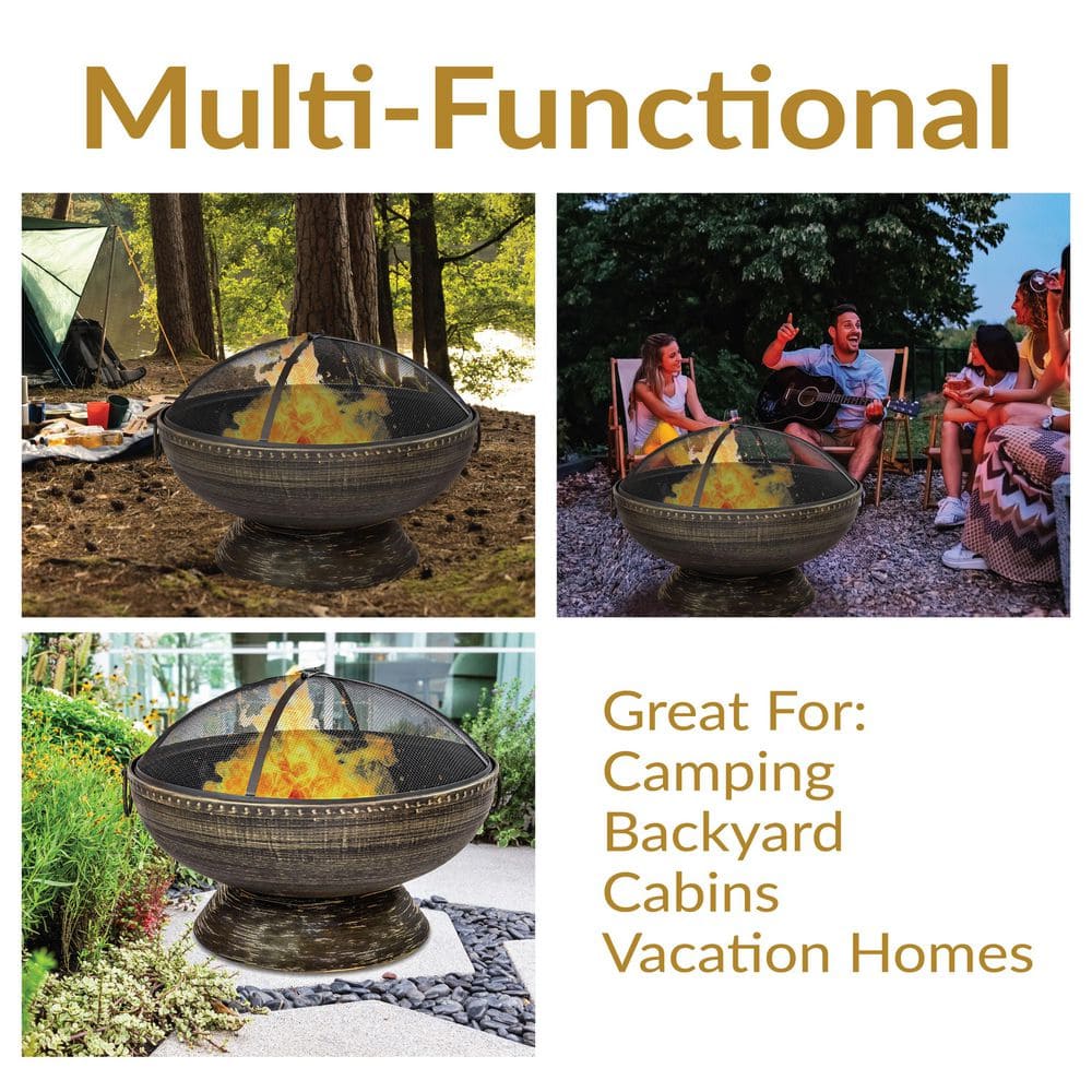 30" Black and Bronze Steel Wood-Burning Fire Pit with Screen and Poker