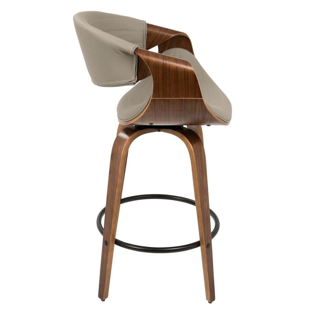 Set of 2 Gray Faux Leather Swivel Counter Stools with Walnut Wood